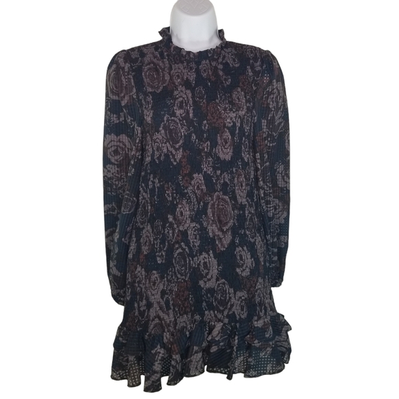 Zara dark floral smocked ruffle long sleeve mini dress